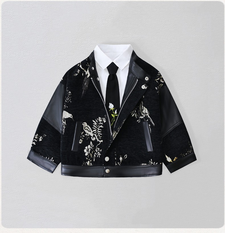Photography Year - 紳士風キッズ刺繍入りバイク用PUレザージャケット 男の子用 防水防風コート キッズクリスマス 新年写真撮影用ウェア