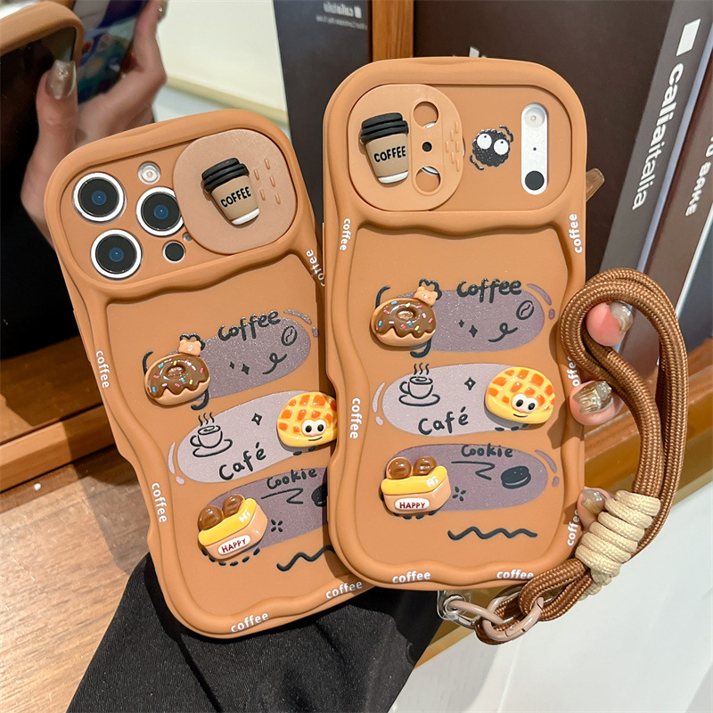 Camera Wrist Strap - 3D漫画パン型リストストラップ付きウェーブ型スマホケース iPhone 17 16 15 14