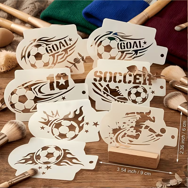 Photography Model - 6個入りサッカーステンシル、塗装用、洗えるPET素材、サッカー選手グラフィティスプレーステンシル、DIYスポーツクラフト、フェイスペイント描画テンプレート